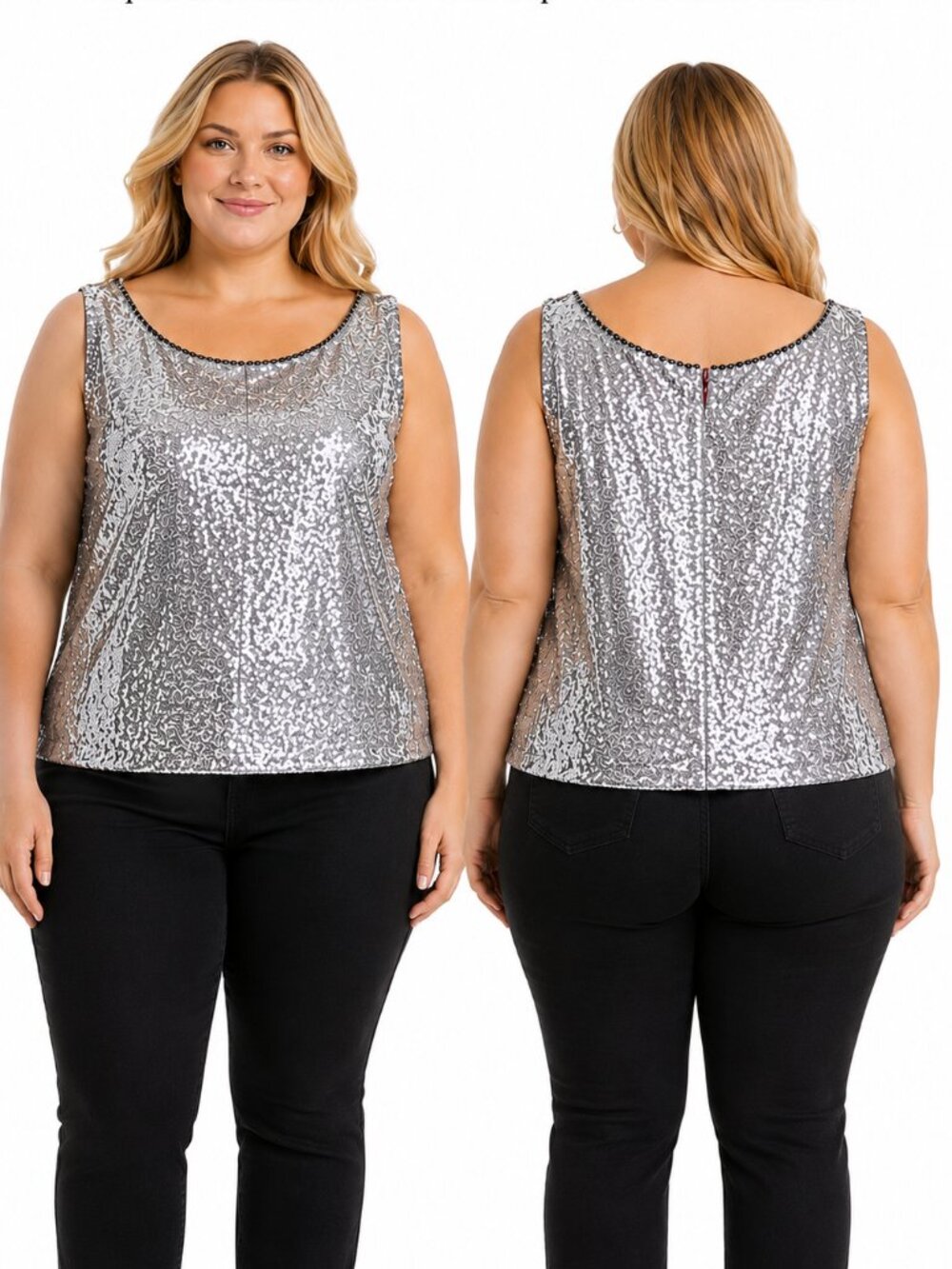 Lanting Bride Sequin Sleeveless Crop Top Plus Size Silver Gunmetal Formal Party